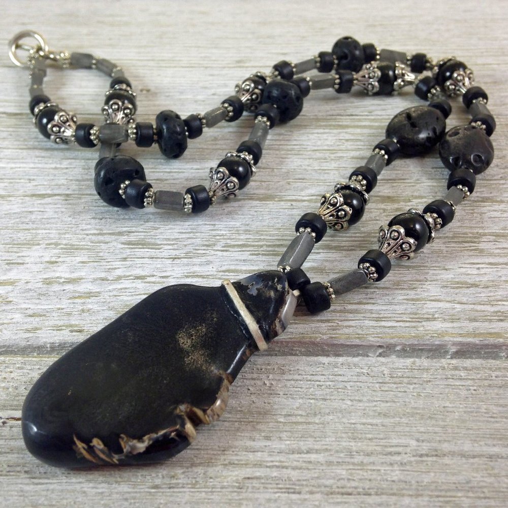 Petrified Wood, Marble, Obsidian & Lava Rock Necklace​​​​​